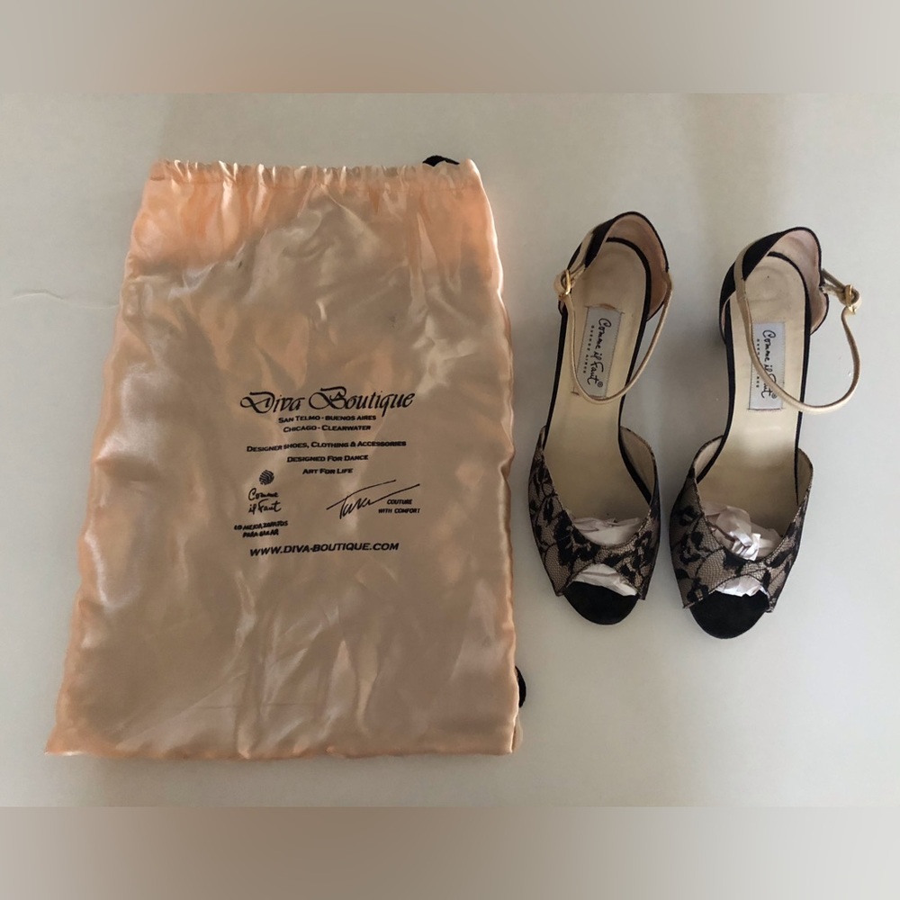 Comme il Faut low heel tango shoes, golden beige and black lace satin